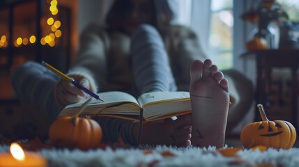 halloween holidays and leisure concept  close up of young woman with pencil writing to diary and resting her feet on table at cozy home : Generative AI - Powered by Adobe