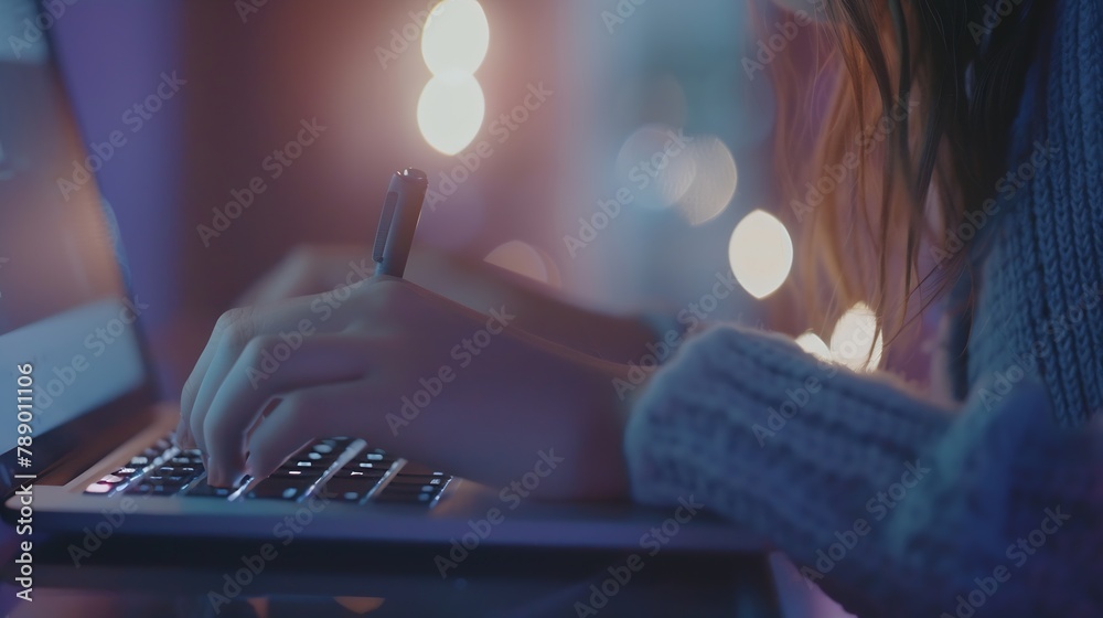 Aufkleber Young woman working with a laptop Female freelancer connecting to internet via computer Blogger or journalist writing new article Closeup of female hands typing on keyboard : Generative AI