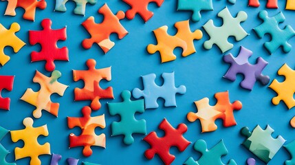 Colorful Jigsaw puzzle pieces on blue background
