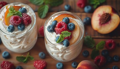 A photograph of two glasses with white yogurt and fresh fruit