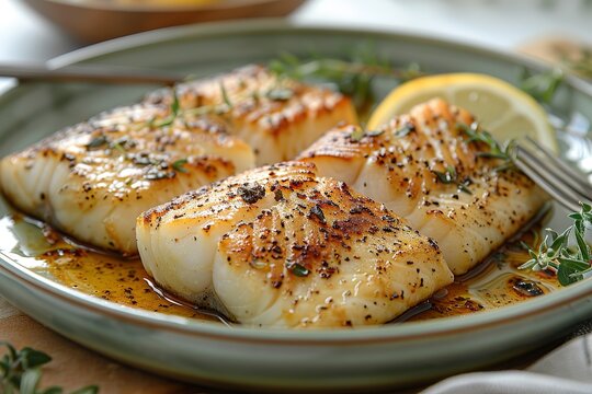 A photograph of monkfish with thyme and lemon in an elegant green bowl