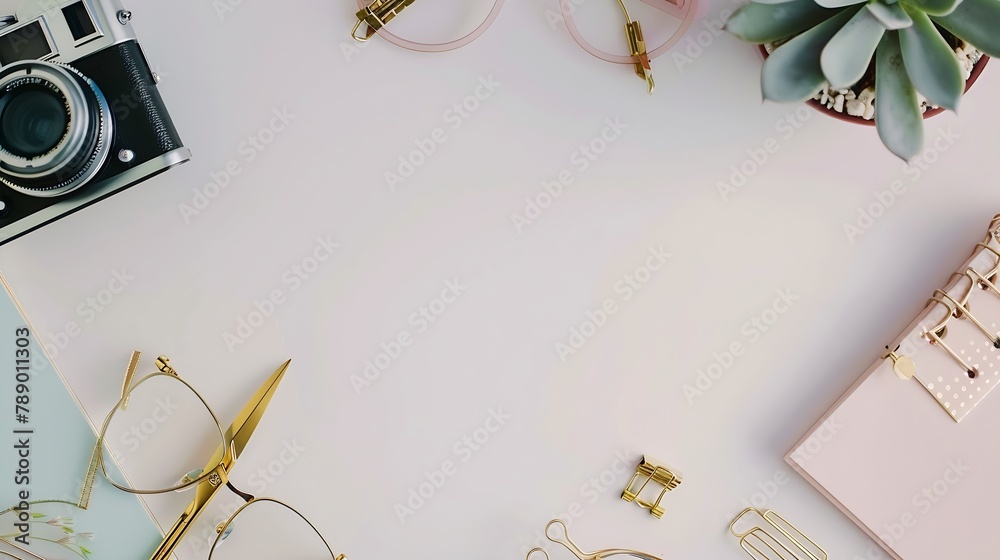 Poster feminine desk workspace with succulent retro camera scissors diary glasses and golden clips on white background flat lay top view : Generative AI