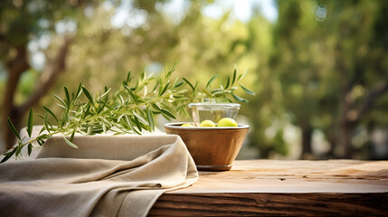 herbs on a table,Wooden table on the background of olive trees