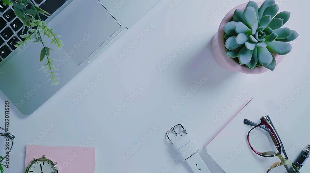 Aufkleber Flat lay top view office table desk frame feminine desk workspace with laptop diary succulent glasses watch on white background : Generative AI