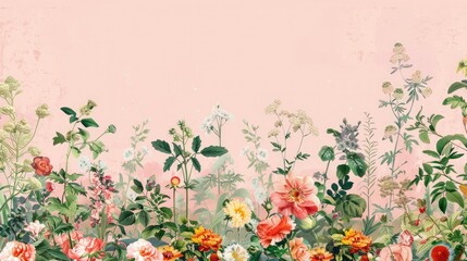 A charming and intricately designed flower border set against a soft pink backdrop