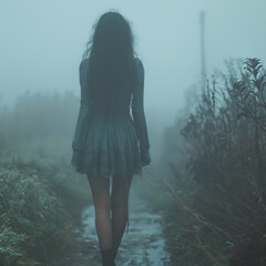 A woman in a dress is walking down a foggy road.