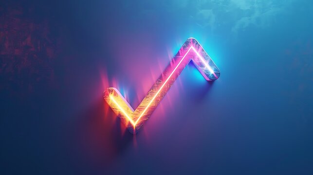 Colorful multi-layered outline of a check mark with glowing light effect on blue background