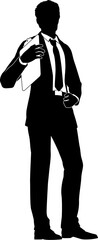Silhouette business person man in a smart suit and tie holding a clipboard.