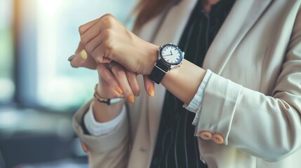 Young business woman is late on time in a hurry she checks the deadline on her smart watch High quality photo Hands closeup business and technology concept close up copy space : Generative AI