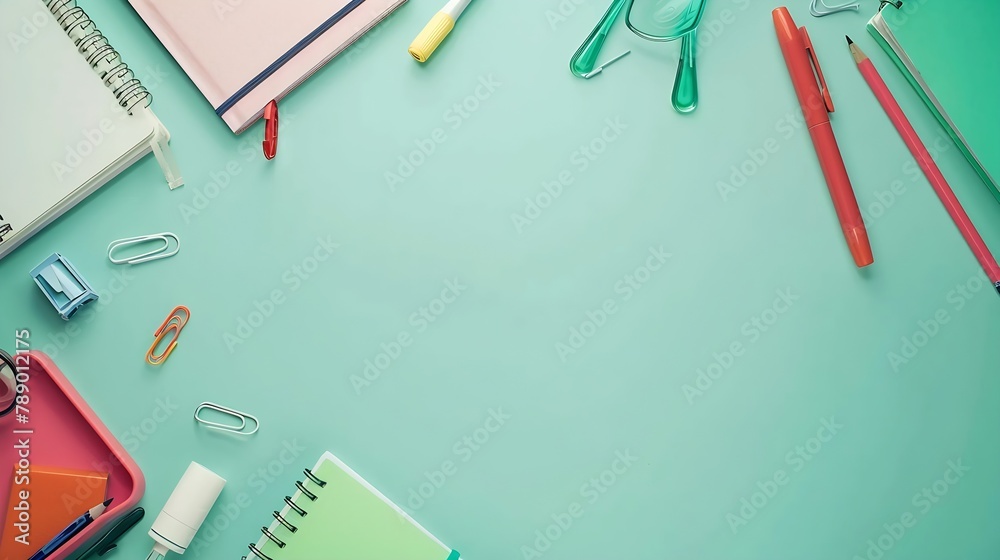 Aufkleber back to school background flat lay top view of school accessories notebook pens on isolated light gr