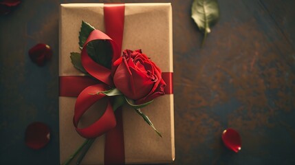 Kraft Gift box with beautiful red ribbon and rose concept of Valentines anniversary mothers day and birthday greeting copyspace topview : Generative AI