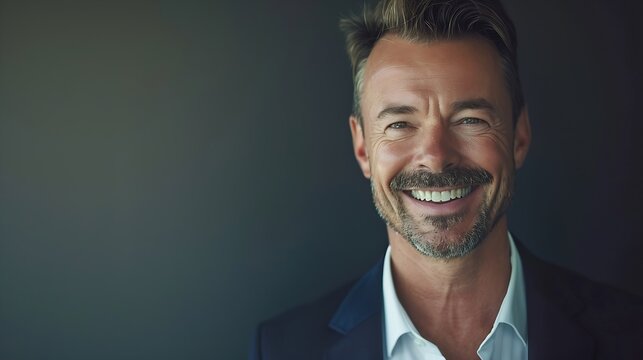 Handsome businessman smiling and looking at camera Portrait of carefree mature man with copy space Successful mid adult business man laughing : Generative AI