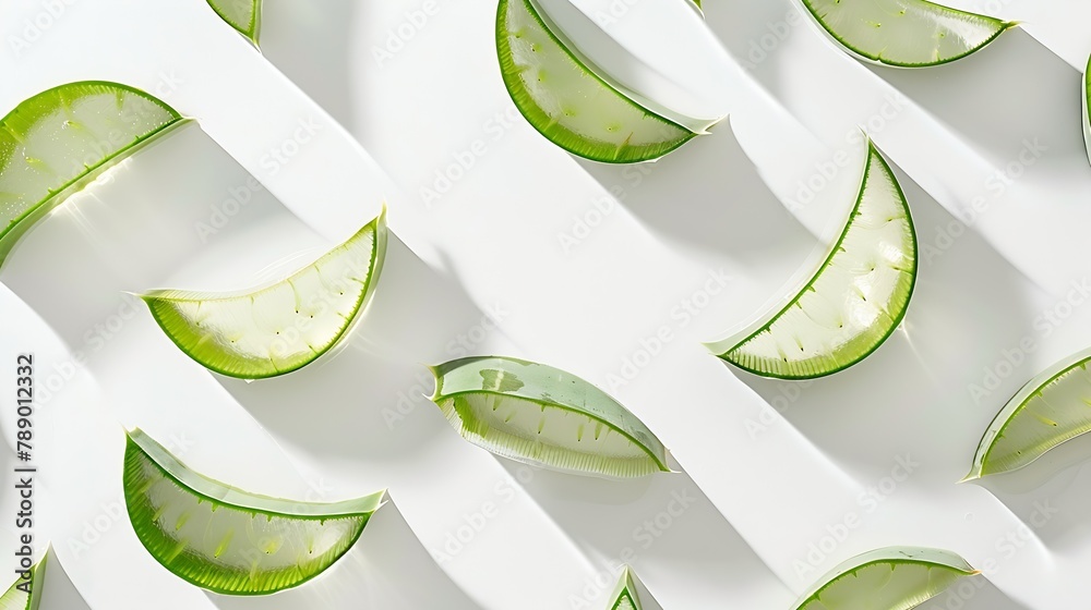 Poster Flat lay Top view of Aloe vera sliced isolated on white background : Generative AI