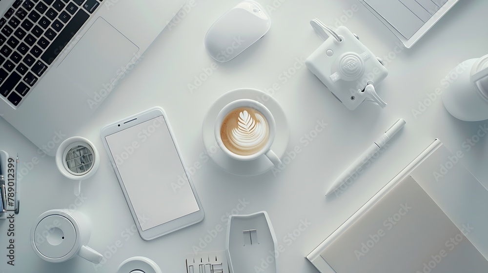 Poster white hipster office desk table with computer supplies smartphone cup of coffee and office things to