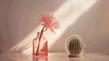 Closeup of a flower in a pink glass vase and a small cactus in a dome on the side of a wooden surface and an empty white background : Generative AI