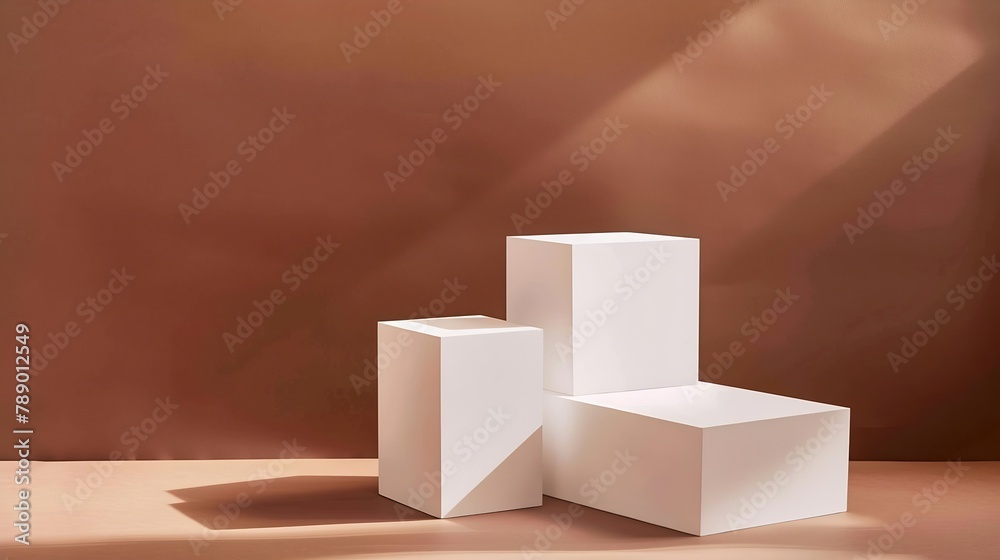 Poster white square podiums for presentations on a brown background top view flat lay banner : generative a