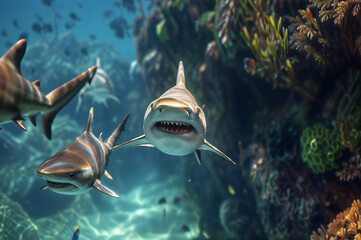 fish in aquarium,sharks in water