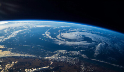 View from space of Earth with blue oceans and storm formation.