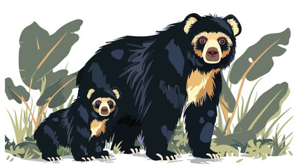 Spectacled bears mother and baby. Wild Andean bicolor