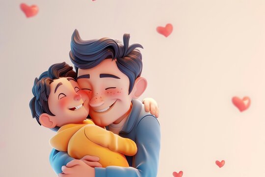 3D graphic of a dad and his child in a heartfelt embrace, cleanly isolated with a white background, in the style of kawaii zbrush, mischievous, animeinspired character designs, layered composition, 32