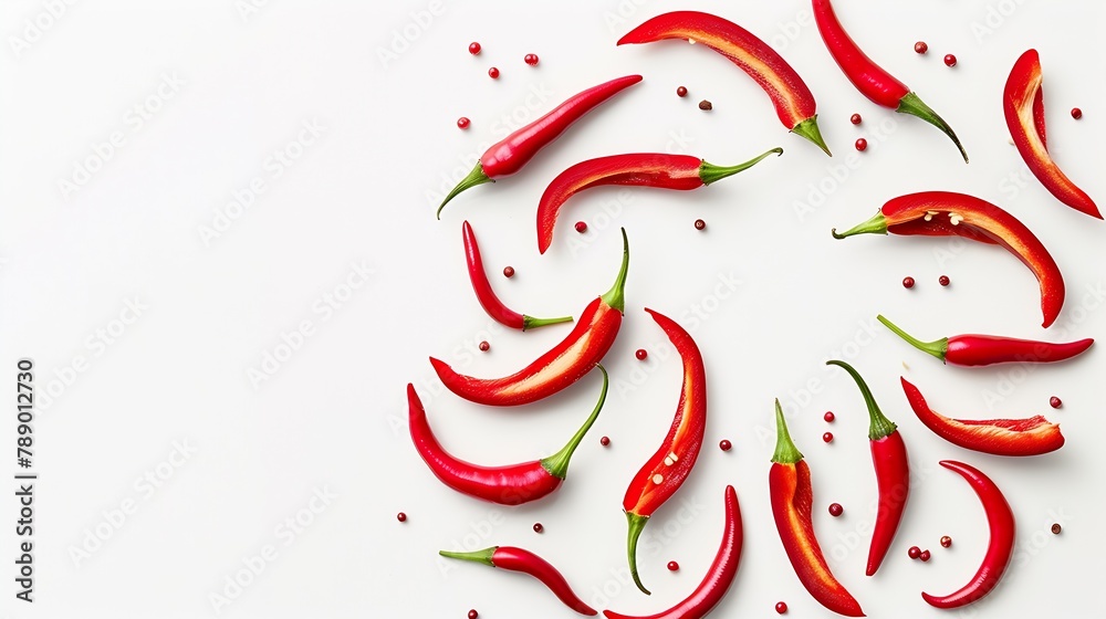Poster red hot chili pepper with slices isolated on white background top view flat lay : generative ai