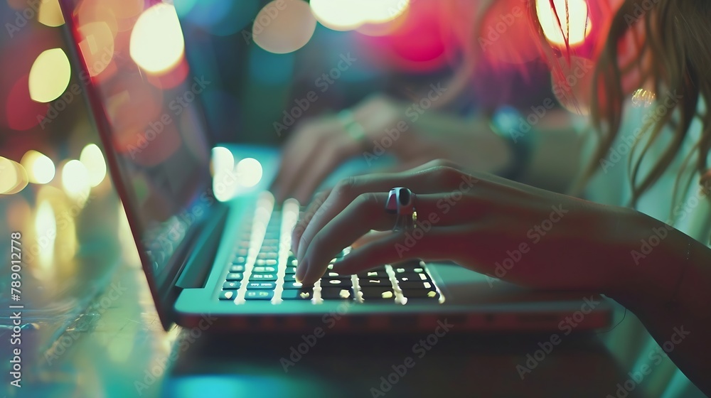 Aufkleber Young woman working with a laptop Female freelancer connecting to internet via computer Blogger or journalist writing new article Closeup of female hands typing on keyboard : Generative AI