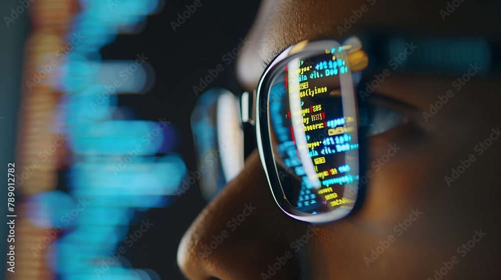 Leinwandbilder Closeup Portrait of Software Engineer Working on Computer Line of Code Reflecting in Glasses Developer Working on Innovative eCommerce Application using Big Data AI Stylish Macro Shot  : Generative AI
