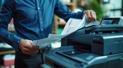 Businessman using office multifunction printer. Copy, scan, fax. Secretary work. Print technology.