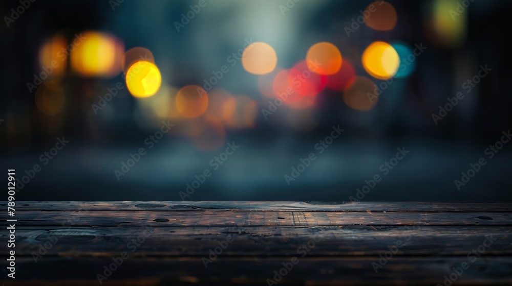 Poster wooden table blurred bokeh background background neon light night view closeup the general backgroun