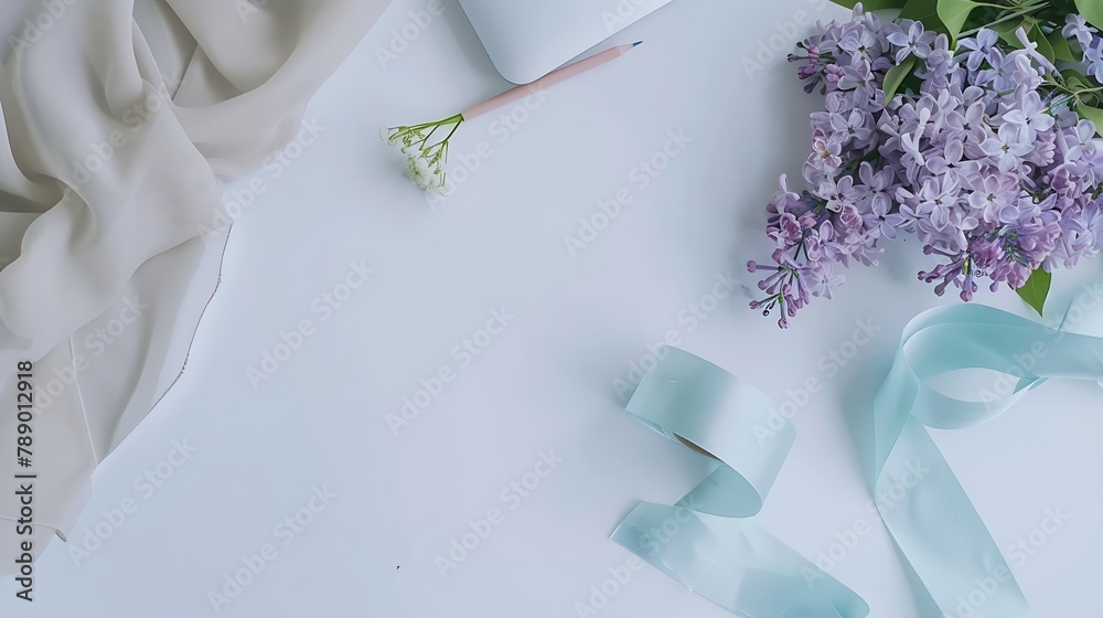 Poster flat lay top view office table desk workspace with paintbrush laptop lilac flowers bouquet spool wit