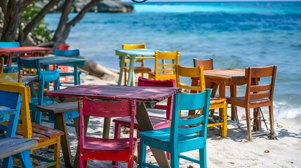 Colorful outdoor tables at the beach are empty