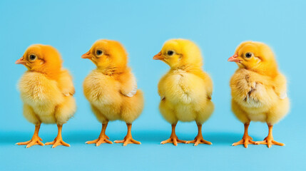 Fototapeta premium photo of cute yellow baby chicks. isolated on blue background
