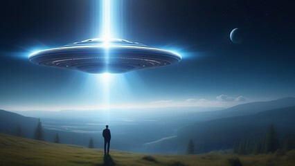 The silhouette of a man stands in the night landscape, in the beam of a huge flying saucer