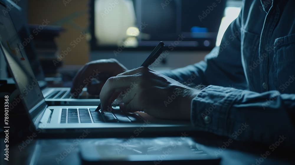 Poster Casual business man with pen in hand busy working on laptop computer typing on keyboard with notebook mobile smart phone on desk in modern office close up dark tone : Generative AI