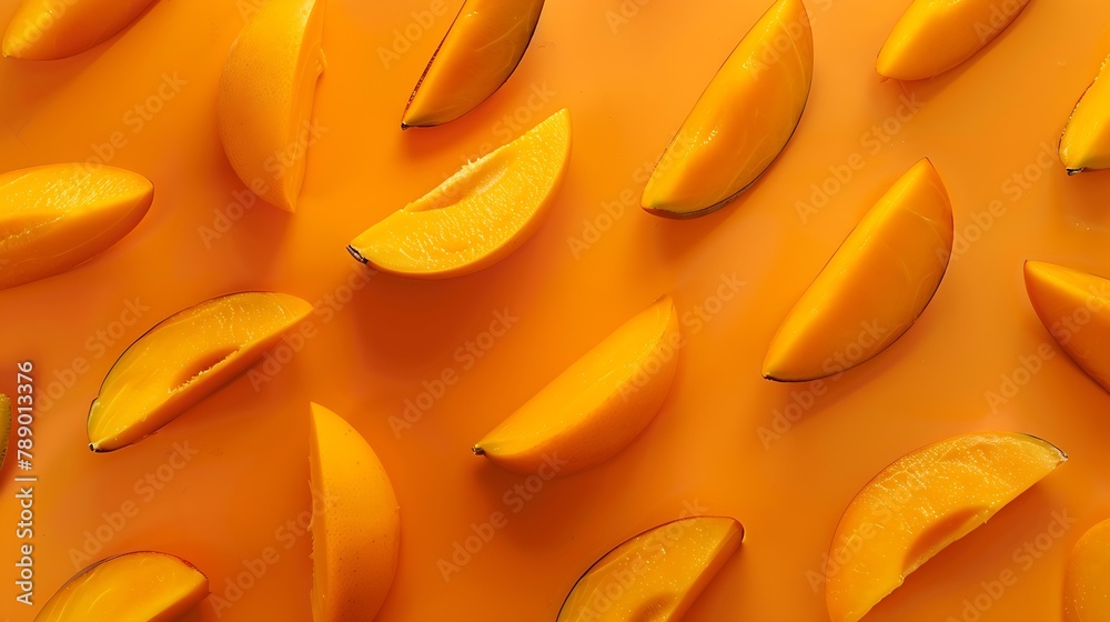 Poster Fresh sliced Mango in pattern on the orange background Fresh fruits Top view  Healthy and tasty Continous pattern isolate flat lay hard light minimal : Generative AI