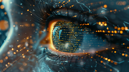 Binary code flowing across a robot eye, representing the digital nature of modern finance
