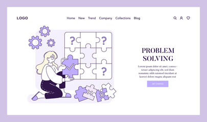 Illustration of a woman piecing together a puzzle, a metaphor for finding the right solution to a problem with strategic thought