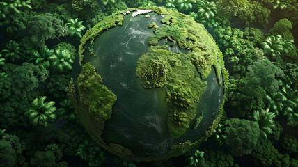 Lush green forests covering the continents on a globe, emphasizing biodiversity