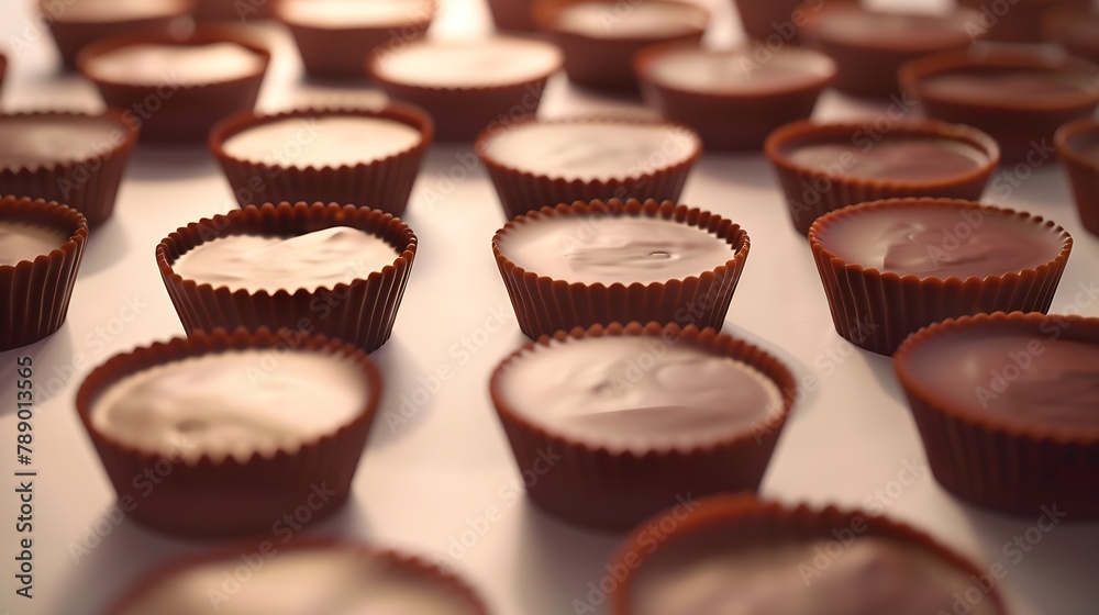 Poster tasty peanut butter cups on light background : generative ai
