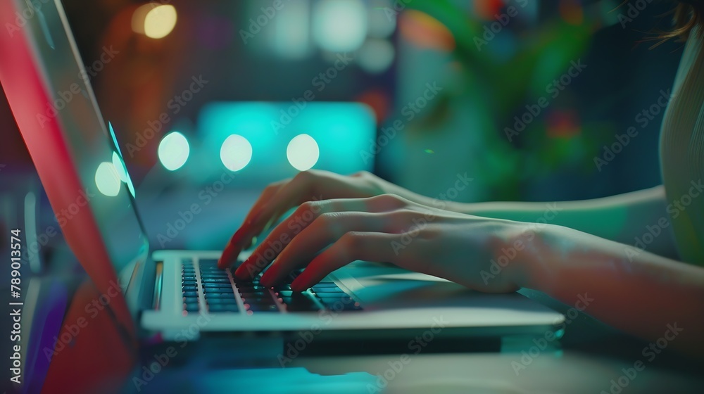 Poster Close up image of woman hands typing on laptop computer keyboard and surfing the internet on office table online working business and technology internet network communication concept : Generative AI