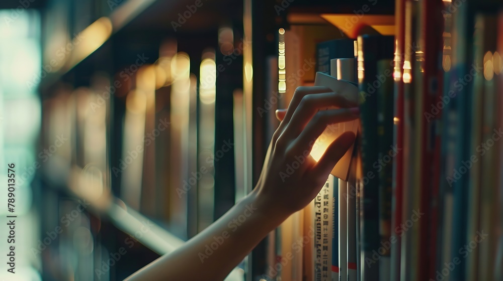 Poster Close up hand search for book on bookshelves in the library Select a book on shelf Studying knowledge education in bookstore : Generative AI