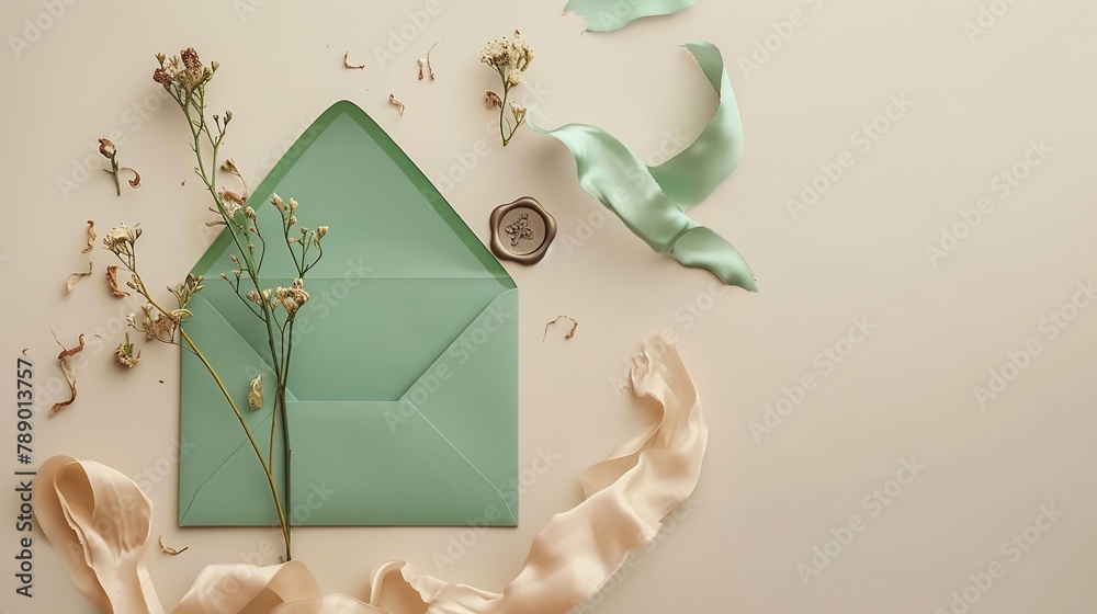 Poster ripped sheet of paper silk ribbon green envelope with wax seal dried flowers on pastel beige backgro