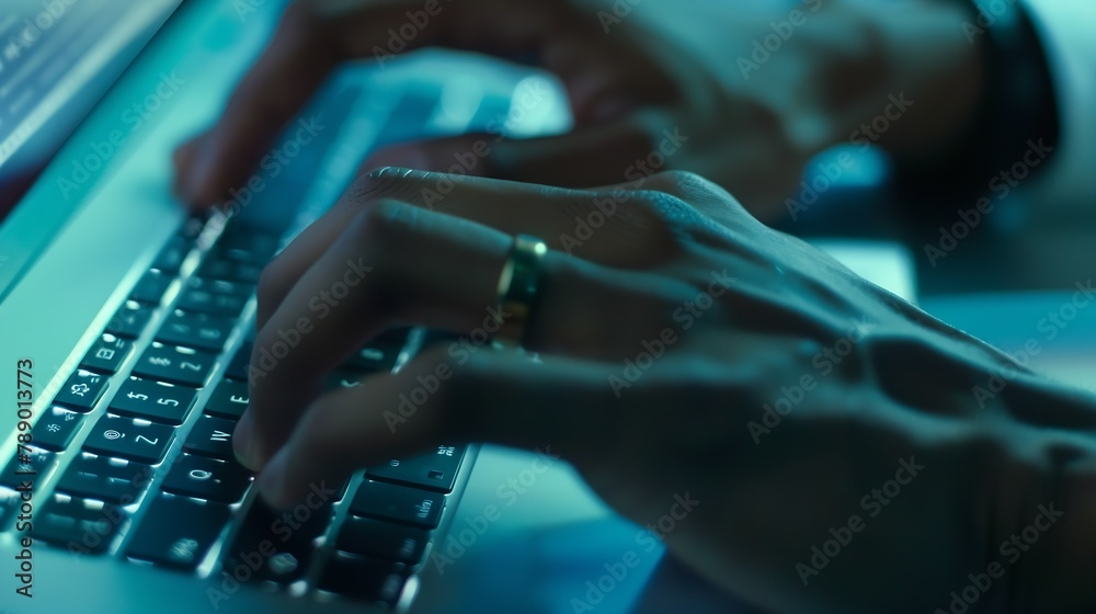 Poster close up of business hands are typing on laptop : generative ai