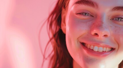 Skin care and beauty Close up of smiling girl glowing face after nourishing gel facial cream pink background : Generative AI