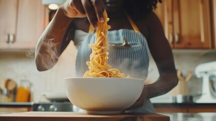 Close up of unrecognizable black woman mixing pasta in bowl while cooking in cozy kitchen copy...