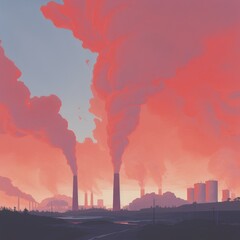 Carbon Emissions - Smoky skies over industrial Earth, vibrant