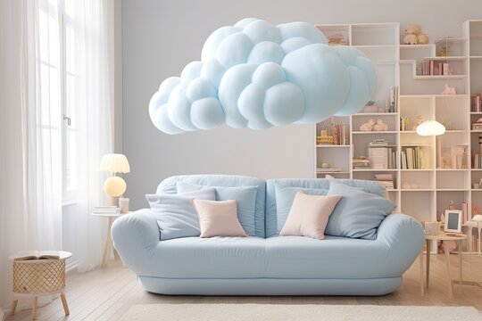 Ethereal Cloud Living Room Decor: Light and Airy Design with Cloud-Shaped Accessories and Soft Blue Sofa
