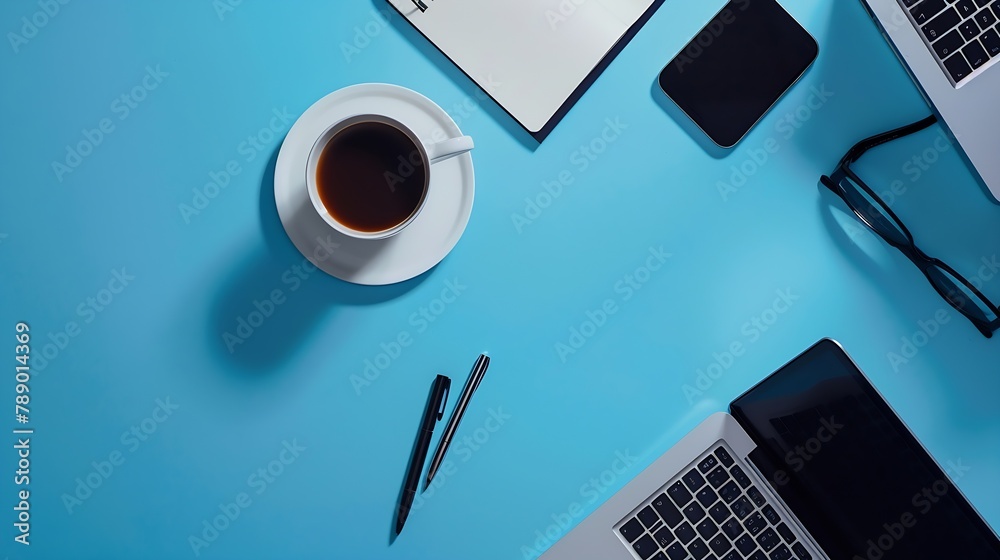 Leinwandbilder minimal work space creative flat lay photo of workspace desk top view office desk with laptop notebo