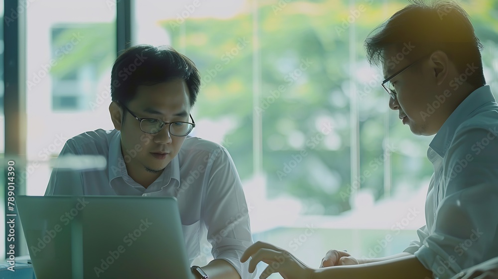 Poster Two asian businessmen having a discussion during meeting and working on laptop computer in modern office business meeting and solution teamwork concept close up : Generative AI