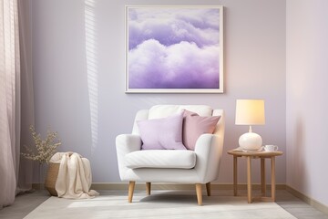 Ethereal Cloud Serenity: Living Room Decor Featuring Fluffy Armchair and Peaceful Paintings